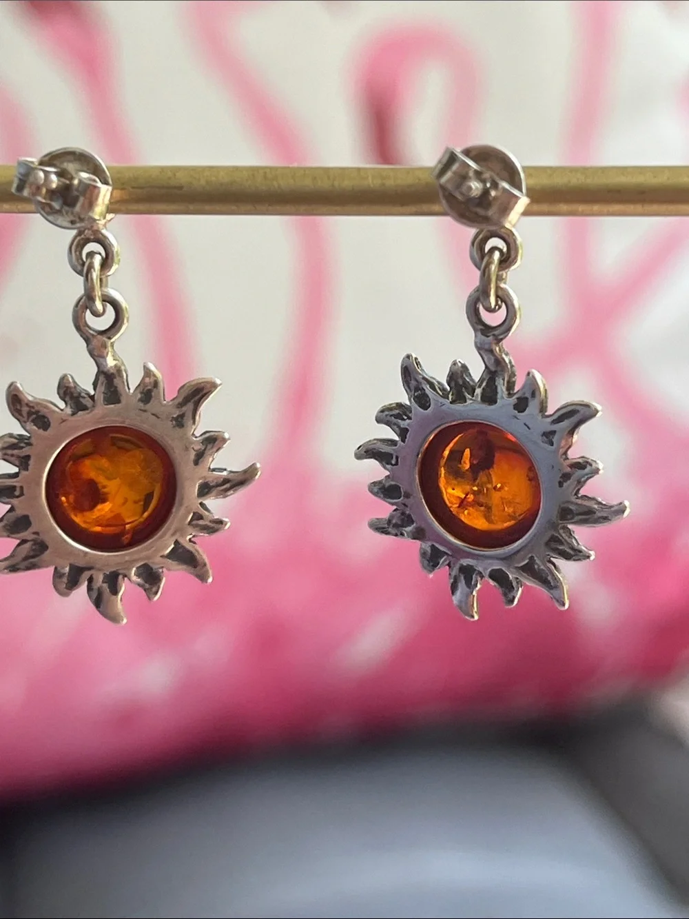 Sterling Silver Amber Sunburst Dangle Earrings - Picture 9 of 13